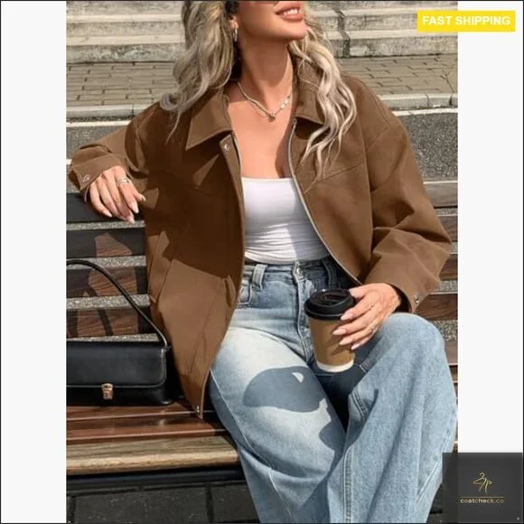 Faux Suede Motorcycle Jacket Oversized Zip Up Bomber Coat Women's Outerwear - Picture 5 of 7